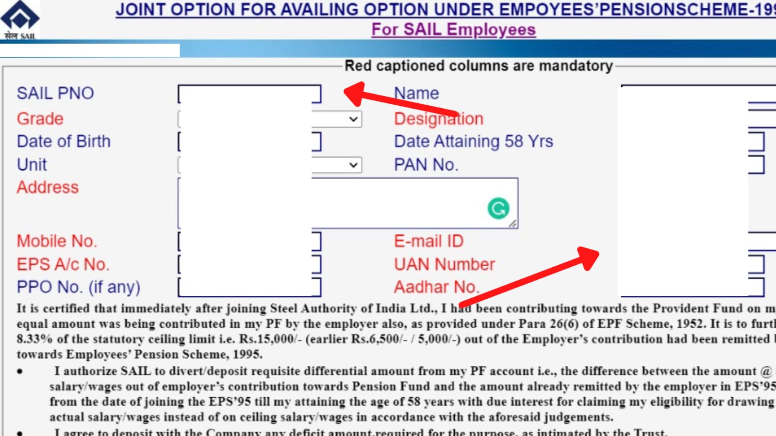 How To Fill Up SAIL EPS 95 Joint Option Form (Pension) Online ...